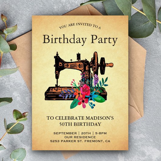Invitation Fête d'anniversaire avec une machine à coudre flor