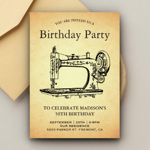 Invitation Fête d'anniversaire avec une machine à coudre vint