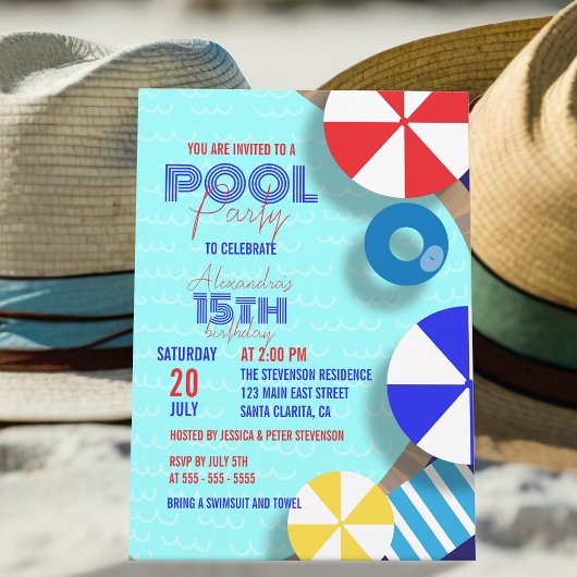 Invitation Fête d'anniversaire avec une soirée piscine pour s