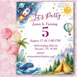 Invitation Fête d'anniversaire aventure aquarelle fantaisiste