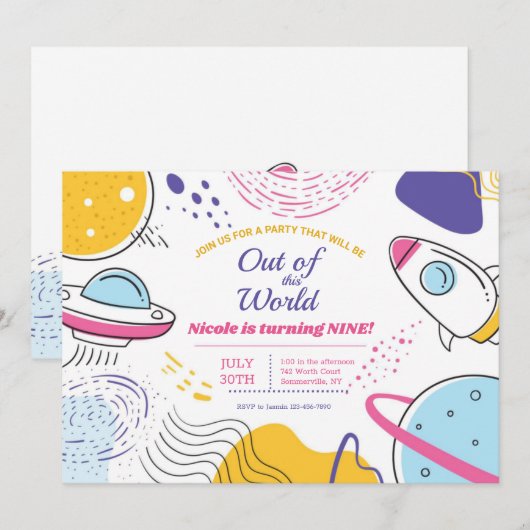 Invitation Fête d'anniversaire Aventure Hors de l'Espace (Devant / Derrière)