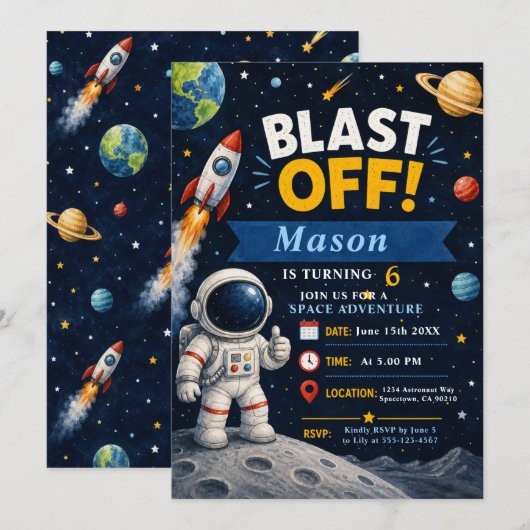 Invitation Fête d'anniversaire Aventure spatiale (Devant / Derrière)