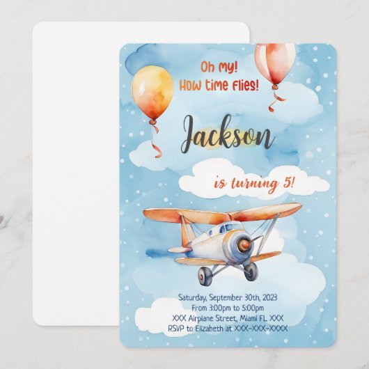 Invitation Fête d'anniversaire avion garçon (Devant / Derrière)