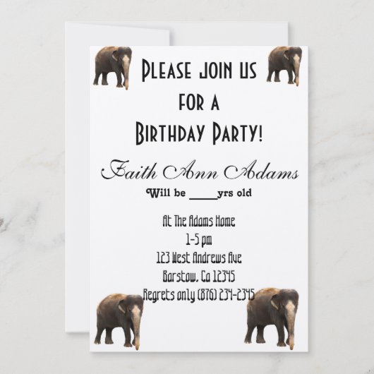Invitation Fête d'anniversaire Aziza Safari Impression élépha (Devant)