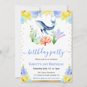 Invitation Fête d'anniversaire baleine sous-marine florale aq