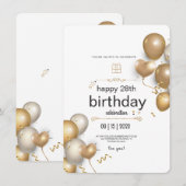 Invitation Fête d'anniversaire ballons blancs et or (Devant / Derrière)
