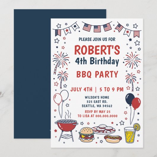 Invitation Fête d'anniversaire BBQ du 4 juillet dessinée à la (Devant / Derrière)