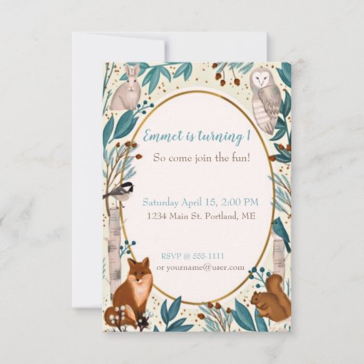 Invitation Fête d'anniversaire bébé animaux de forêt mignons (Devant)