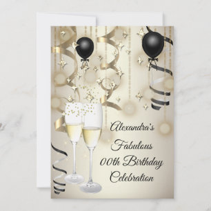 Invitation Fête d'anniversaire beige or noir Ballon champagne