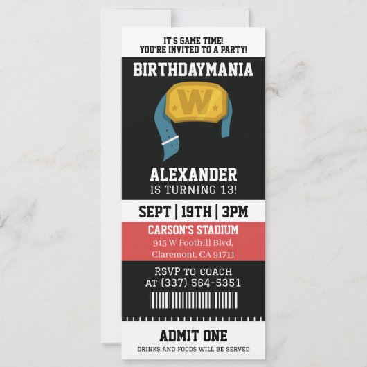 Invitation Fête d'anniversaire billet de catch (Devant)
