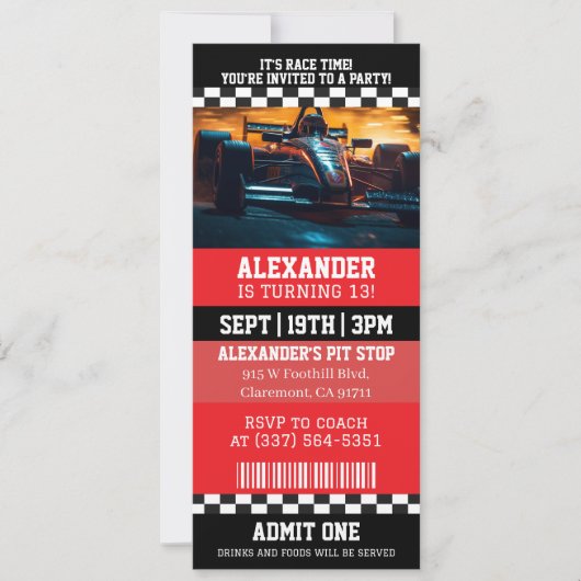 Invitation Fête d'anniversaire Billet de Course Automobile (Devant)