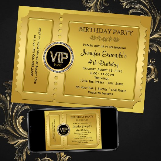 Invitation Fête d'anniversaire billet VIP élégant or