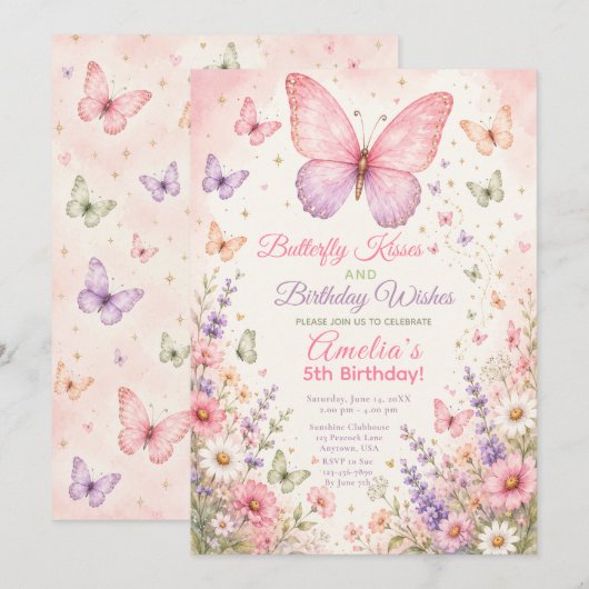 Invitation Fête d'anniversaire Bisous de papillon (Devant / Derrière)