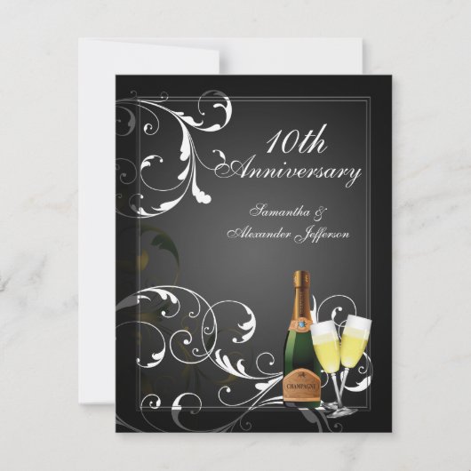 Invitation Fête d'anniversaire Black and White Silver Champag (Devant)