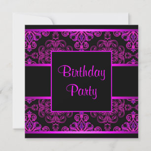 Invitation Fête d'anniversaire Black Damask Hot Pink Purple