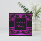 Invitation Fête d'anniversaire Black Damask Rose Chaud Violet (Debout devant)