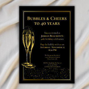 Invitation Fête d'anniversaire Black Gold 40 ans Bulles et Ac