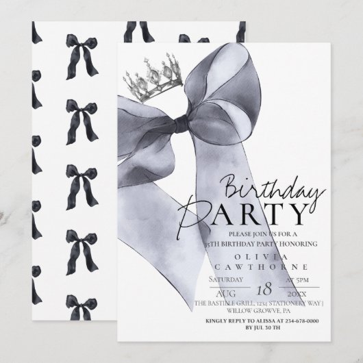 Invitation Fête d'anniversaire Black Grey Bow (Devant / Derrière)