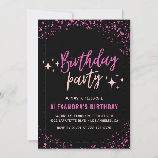 Invitation Fête d'anniversaire Black Pink Glam Glitter 53 ans (Devant)