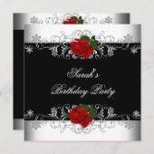 Invitation Fête d'anniversaire Black Red Rose Fleurs blanches (Devant / Derrière)