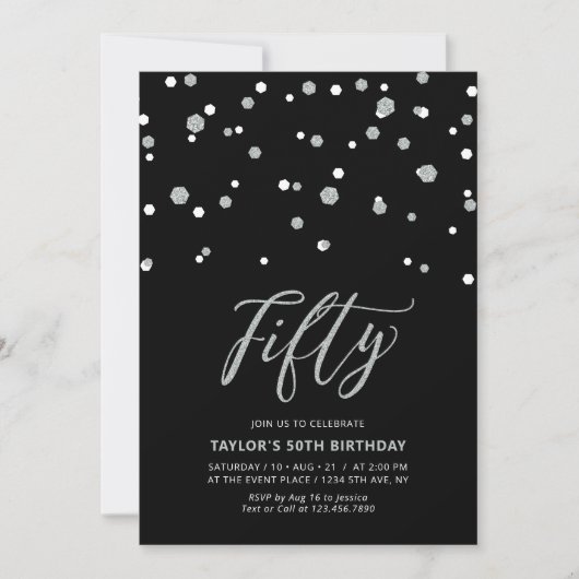 Invitation Fête d'anniversaire Black & Silver Confetti Fifty (Devant)