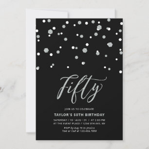 Invitation Fête d'anniversaire Black & Silver Confetti Fifty 