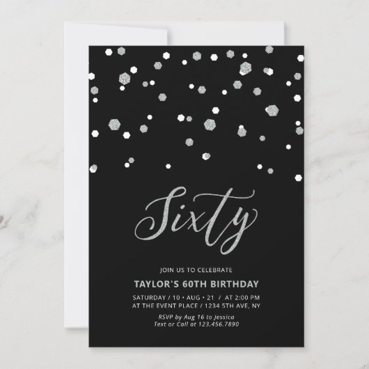 Invitation Fête d'anniversaire Black & Silver Confetti Soixan (Devant)