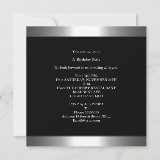 Invitation Fête d'anniversaire Black Silver Mens 30e (Dos)