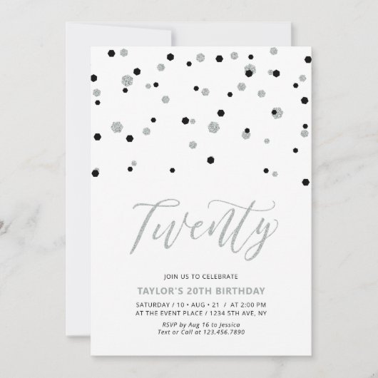 Invitation Fête d'anniversaire Black & Silver Simple Twenty 2 (Devant)