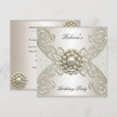Invitation Fête d'anniversaire Blanc Crème Perle (Devant / Derrière)