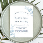 Invitation Fête d'anniversaire blanc poussiéreux bleu eucalyp<br><div class="desc">Un arrière - plan blanc,  décoré de tiges d'eucalyptus bleu foncé,  sprigs. Personnalisez et ajoutez un nom et des détails du parti. Dos : arrière - plan bleu poussiéreux.</div>