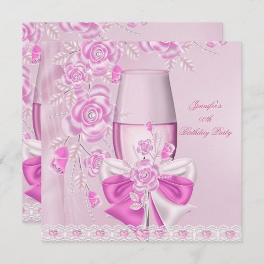 Invitation Fête d'anniversaire blanc rose Fleur rose Champagn (Devant / Derrière)