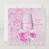 Invitation Fête d'anniversaire blanc rose Fleur rose Champagn (Devant)