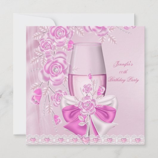 Invitation Fête d'anniversaire blanc rose Fleur rose Champagn (Devant)