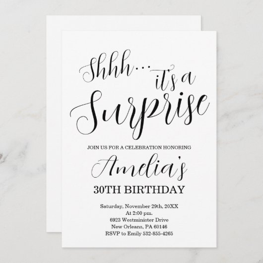 Invitation Fête d'anniversaire blanche et noire surprise (Devant / Derrière)