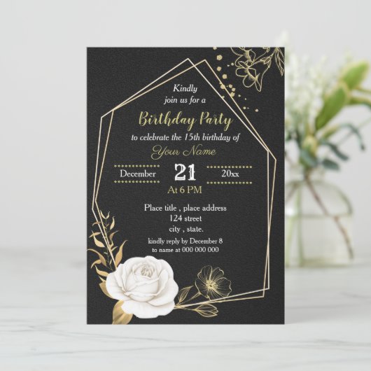 Invitation fête d'anniversaire blanche et or floral noir (Debout devant)