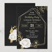 Invitation fête d'anniversaire blanche et or floral noir (Devant / Derrière)