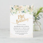 Invitation Fête d'anniversaire blanche florale et 21ème d'or (Debout devant)