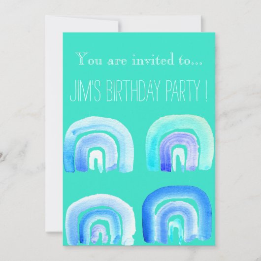 Invitation Fête d'anniversaire bleu arc-en-ciel (Devant)