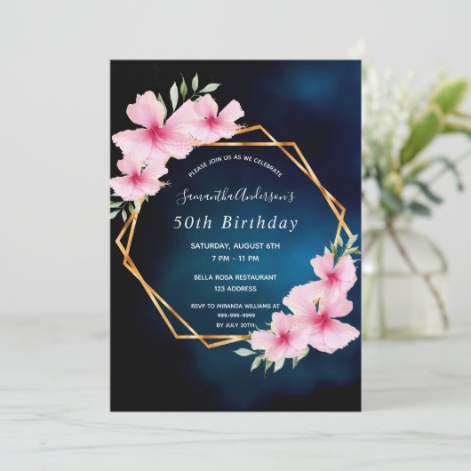 Invitation fête d'anniversaire bleu ciel rose fleurs (Debout devant)