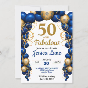Invitation Fête d'anniversaire Bleu Clair et Or Plat