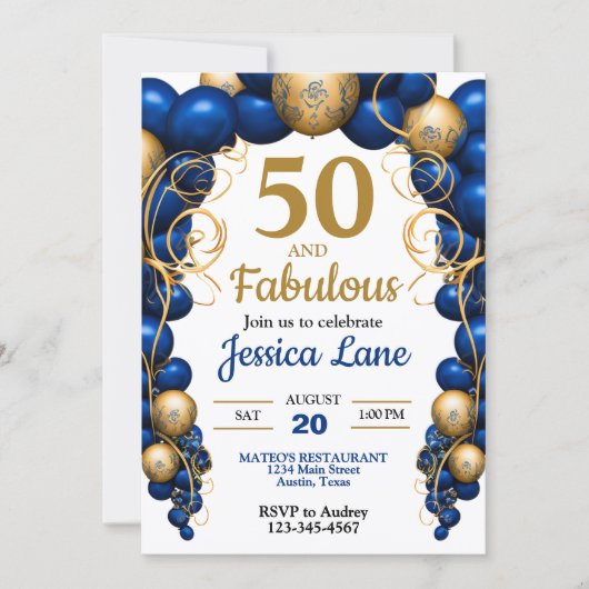 Invitation Fête d'anniversaire Bleu Clair et Or Plat (Devant)