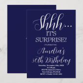 Invitation Fête d'anniversaire bleu et blanc surprise de la M (Devant / Derrière)