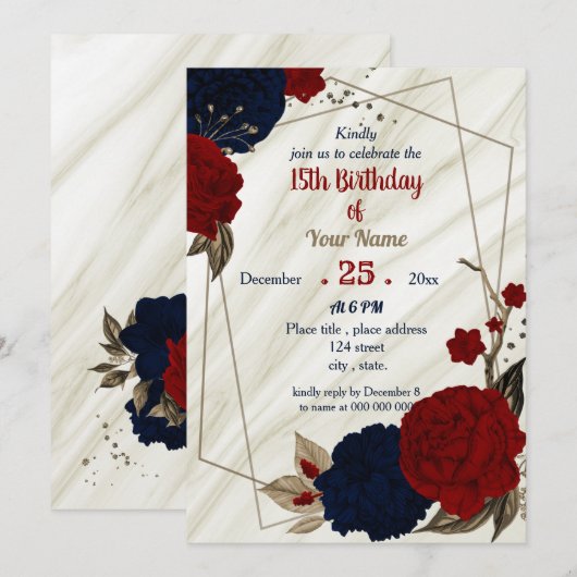 Invitation fête d'anniversaire bleu et rouge floral (Devant / Derrière)