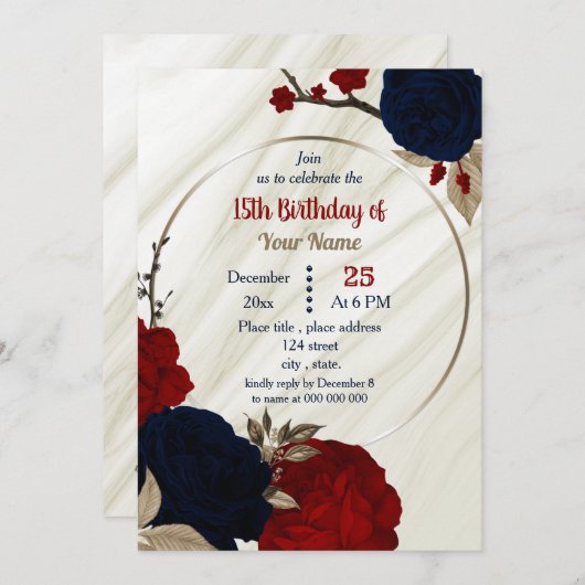 Invitation fête d'anniversaire bleu et rouge floral (Devant / Derrière)