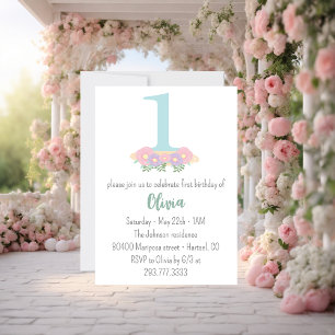 Invitation Fête d'anniversaire bleu floral, rose pastel 1 an 