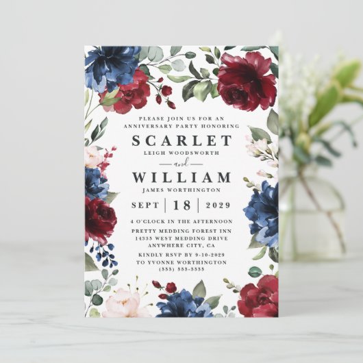 Invitation Fête d'anniversaire bleu marine, bordeaux et rose  (Debout devant)