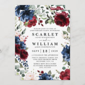 Invitation Fête d'anniversaire bleu marine, bordeaux et rose  (Devant / Derrière)