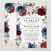 Invitation Fête d'anniversaire bleu marine, bourgogne, rose b (Devant / Derrière)