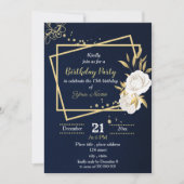 Invitation fête d'anniversaire bleu marine floral blanc et or (Devant)